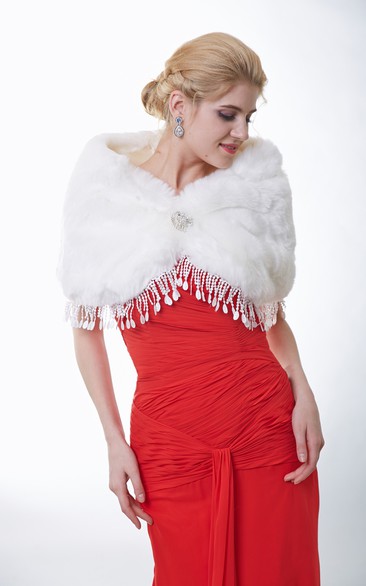 Faux Fur Bridal Wrap With Tassels And Brooch