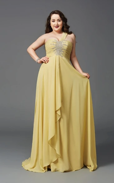 A-line Floor-length One-shoulder Sleeveless Chiffon Beading Ruching Draping Dress