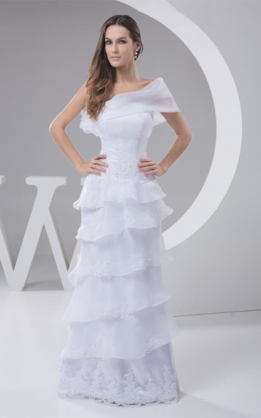 One-Shoulder Floor-Length Lace Sheath Flower and Dress With Tiers
