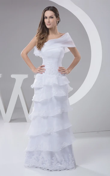 One-Shoulder Floor-Length Lace Sheath Flower and Dress With Tiers