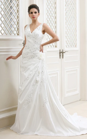 V-Neck Ruched Floor-Length Dress With Flower and Crystal Detailing