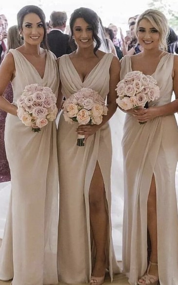 Sexy Sleeveless Sheath Deep V-neck Front Split Bridesmaid Dress With Ruching