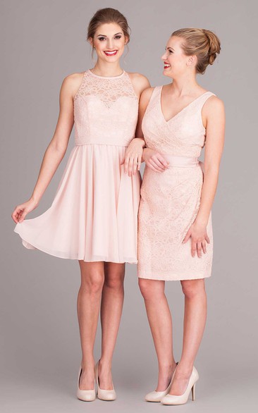 Mini Sleeveless Scoop Neck Lace Chiffon Bridesmaid Dress