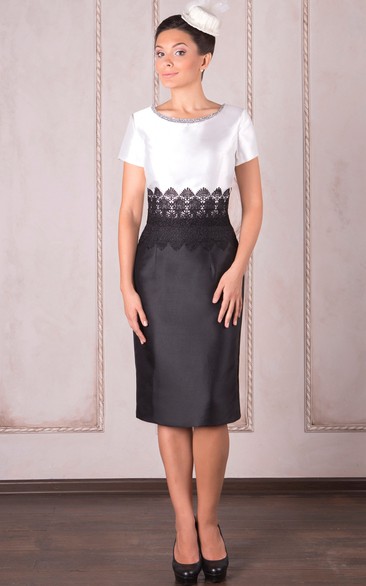 Knee-Length Pencil Appliqued Short Sleeve Scoop Neck Satin Mother Of The Bride Dress