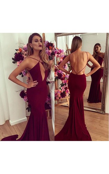 Sexy Backless Mermaid Burgundy Prom Dresses Floor Length