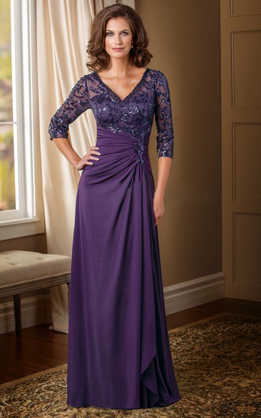 3-4 Sleeved V-Neck Mother Of The Bride Dress With Sequins And V-Back