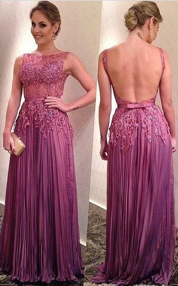 Elegant Illusion Open Back Prom Dress Lace Appliques Floor-length