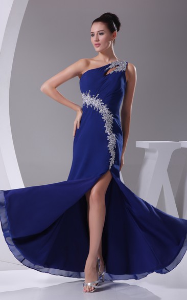 Asymmetrical Sleeveless Beaded Chiffon Dress With Front Slit Design