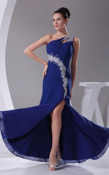 Asymmetrical Sleeveless Beaded Chiffon Dress With Front Slit Design