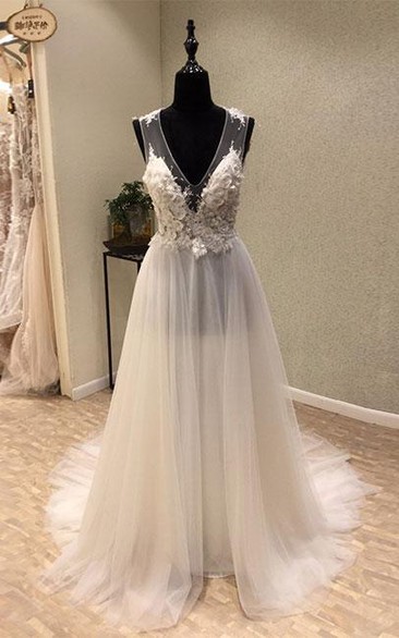 Goregous V-Neck A Line Brush Train Tulle Wedding Dress With Appliques