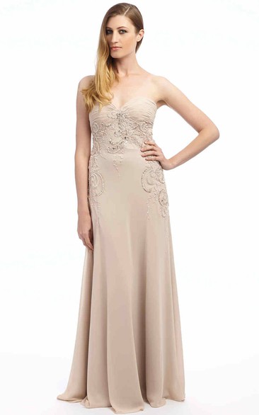 Maxi Ruched Sleeveless Sweetheart Chiffon Prom Dress With Appliques