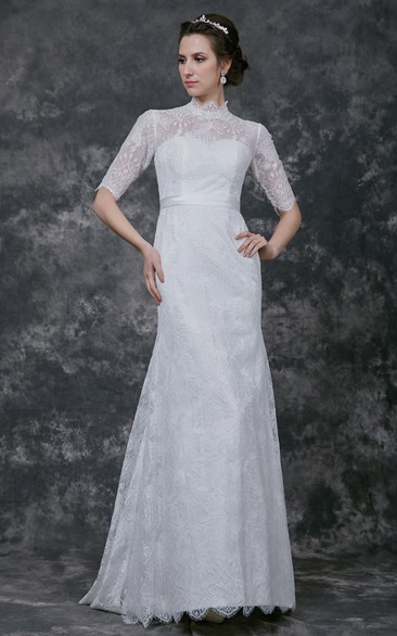 Noble Half Sleeve High Neck Form Fitted Lace Gown With Pleats