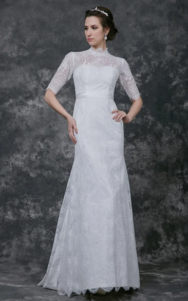 Noble Half Sleeve High Neck Form Fitted Lace Gown With Pleats