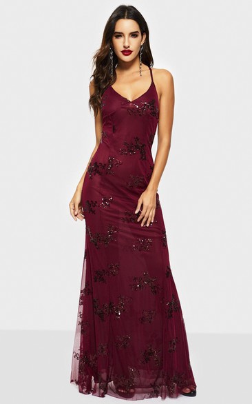 V-neck Sleeveless Sexy Sheath Tulle Gown With Straps And Sequin Appliques