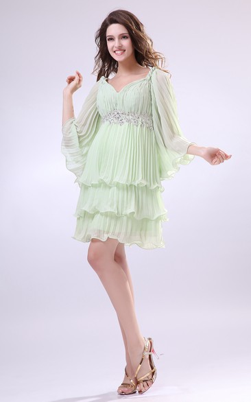 V-Neck Puff Sleeve Short Dress With Pleating and Beading