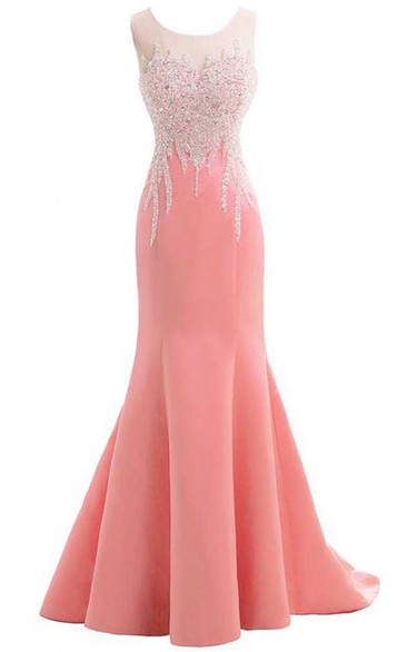 Sleeveless Beaded Bodice Mermaid Long Satin Dress With Bow