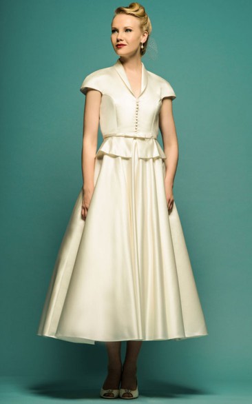 Tea-Length A-Line Scoop Neck Cap Sleeve Satin Wedding Dress