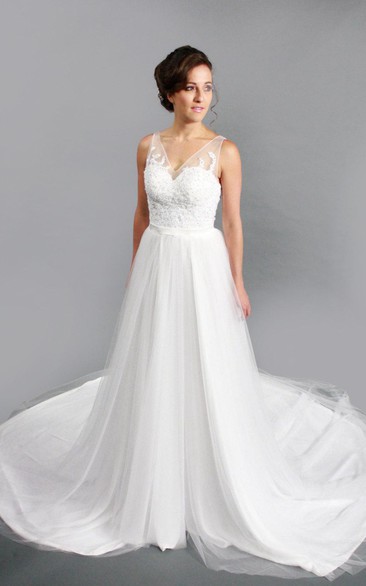 Sleeveless A-Line V-Neck Tulle Dress With Low-V Back and Lace Bodice