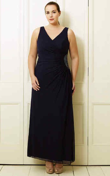 A-Line V-Neck Sleeveless Ankle-Length Side-Draped Chiffon Plus Size Prom Dress With Beading