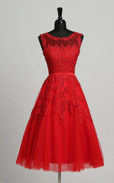 A-Line Sleeveless Knee-length Zipper Illusion Modest Adorable Tulle Dress with Appliques Sequins