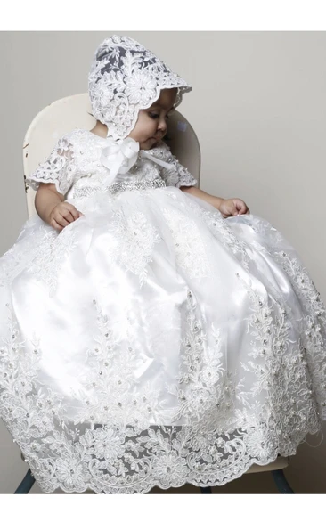 Charming Christening Dress With Lace Appliques And Beaded Belt