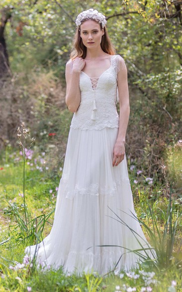 Plunged A-Line Pleated Wedding Dress With Appliques And Beading