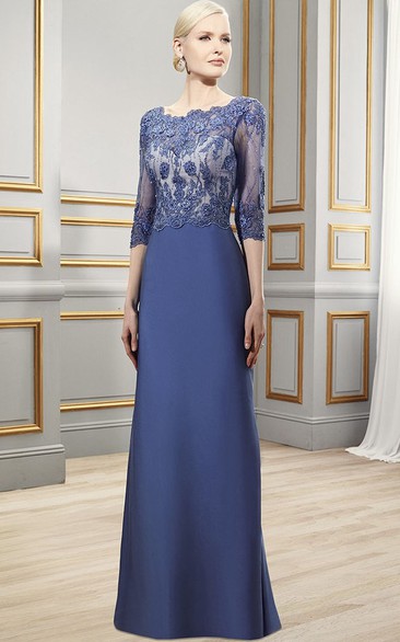 Maxi 3-4 Sleeve Appliqued Bateau Neck Satin Formal Dress With Deep-V Back