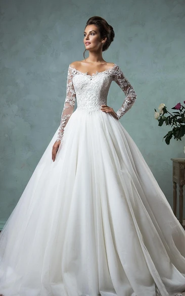 A-Line Ball Gown Empire Mini Jewel V-Neck Long Sleeve Bell Empire Dropped Appliques Court Train Backless Tulle Lace Dress