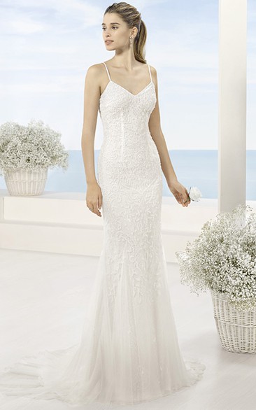 Sheath Long Spaghetti Sleeveless Lace&Tulle Wedding Dress With Brush Train And Low-V Back