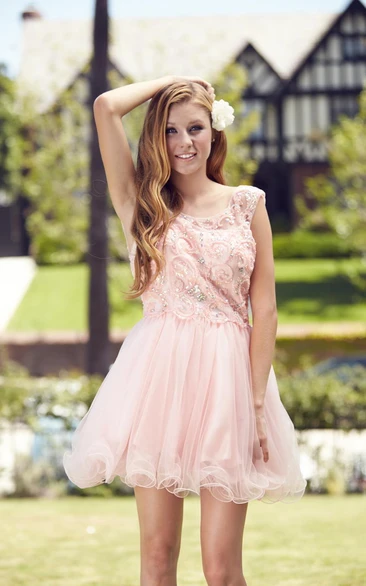 A-Line Mini Bateau Sleeveless Tulle Low-V Back Dress With Sequins And Beading