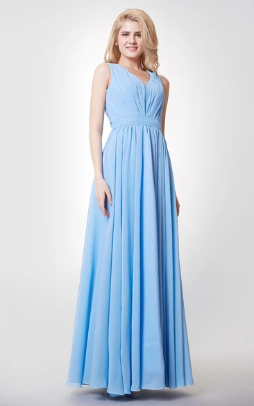 Empire V-neck A-line Pleated Chiffon Gown With Keyhole