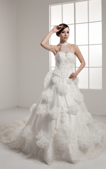 Floral Appliqued Sleeveless Illusion and Ball-Gown With Beading