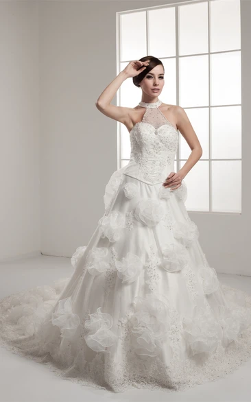 Floral Appliqued Sleeveless Illusion and Ball-Gown With Beading