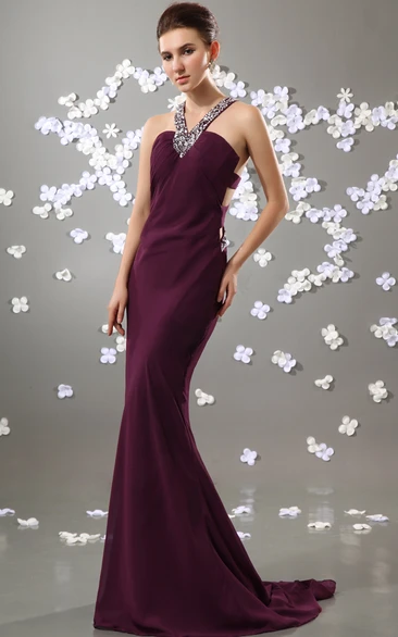 Sleeveless Chiffon Mermaid Dress With Beaded Strap and Brush Train