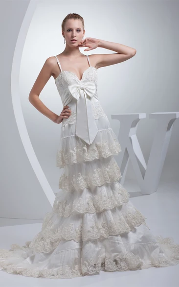 Spaghetti-Strap Tiered Bowknot and Gown With Appliques