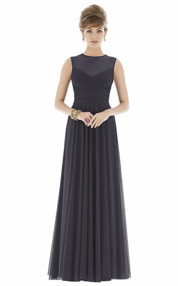 Feminine Sleeveless Pleated Floor-length Chiffon Dress With High Neck and Ruching