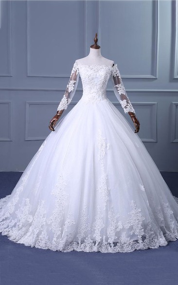 A-Line Ball Gown Tea-Length Off-The-Shoulder One-Shoulder Straps Long Sleeve Beading Appliques Brush Train Straps Tulle Lace Sequins Satin Dress