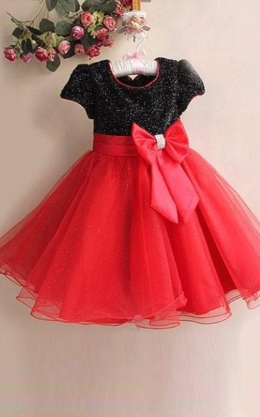 A-line Scoop Short Sleeves Bowknot Floor-length Organza Flower Girl Dresses