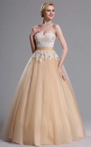 Ball Gown Floor-Length Sweetheart Sleeveless Tulle Appliques Zipper Dress