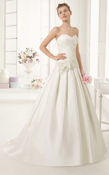 Sweetheart A-line Dress With Flower Sash And Crisscross Rushing