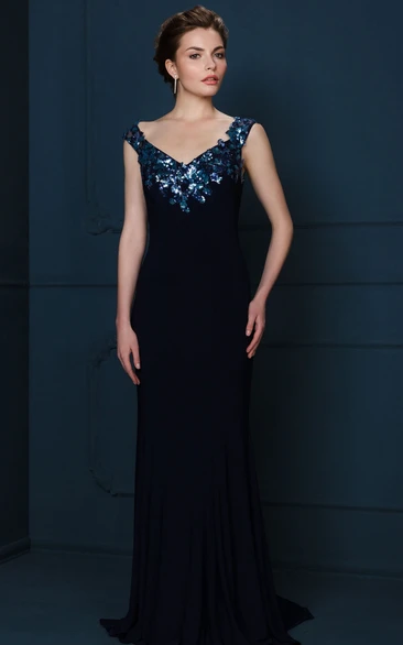 Floor-Length Crystal Sleeveless V-Neck Chiffon Evening Dress