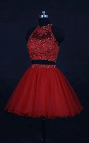 Mini High-neck Organza Dress With Beading