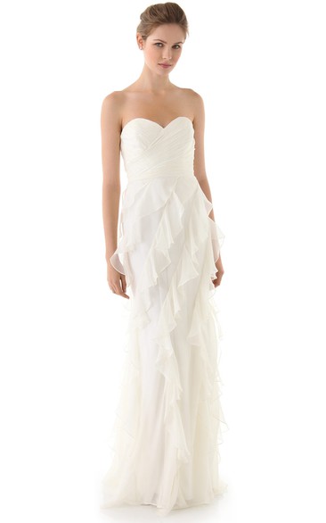 Long Sweetheart Sheath Organza Dress With Feathery Ruffles