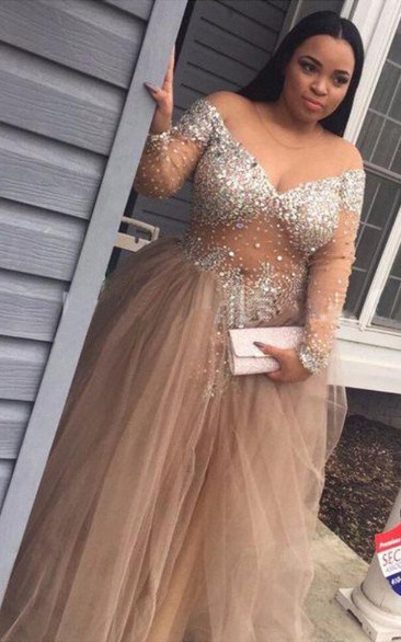 A-Line Ball Gown Tulle Off-the-shoulder Long Sleeve Zipper Dress