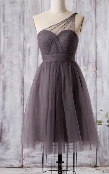 Beaded Single Strap Sweetheart A-line Pleated Tulle Knee Length Dress