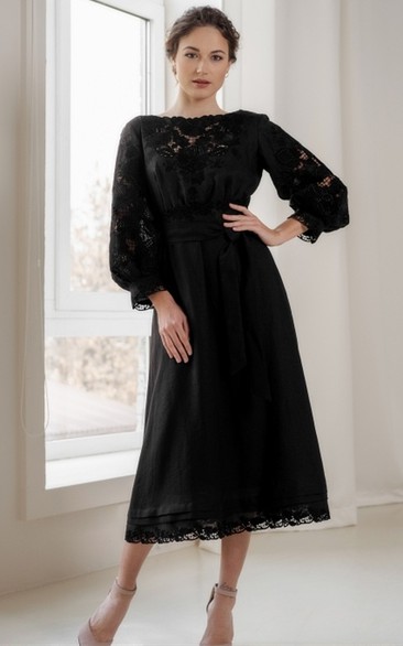 Tea-length A Line Bohemian Bateau Evening Dress with Sash