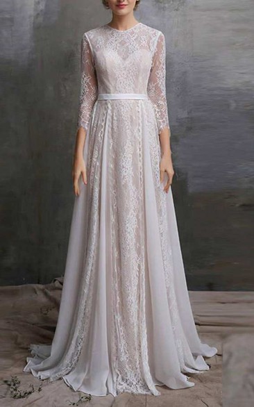 Jewel-Neck Lace Long Sleeve Pleated A-Line Wedding Dress