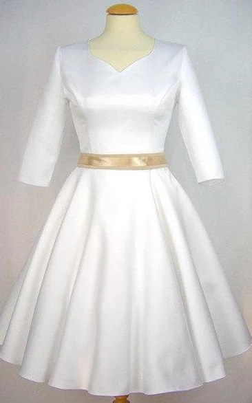 Satin Half Sleeve V-Neck A-Line Dress With Bow Sash