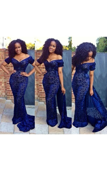 Gorgeous Navy Blue Lace Evening Dress Off the Shoulder