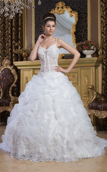 Spaghetti-Strap Pick-Up Illusion Top and Ball-Gown With Lace